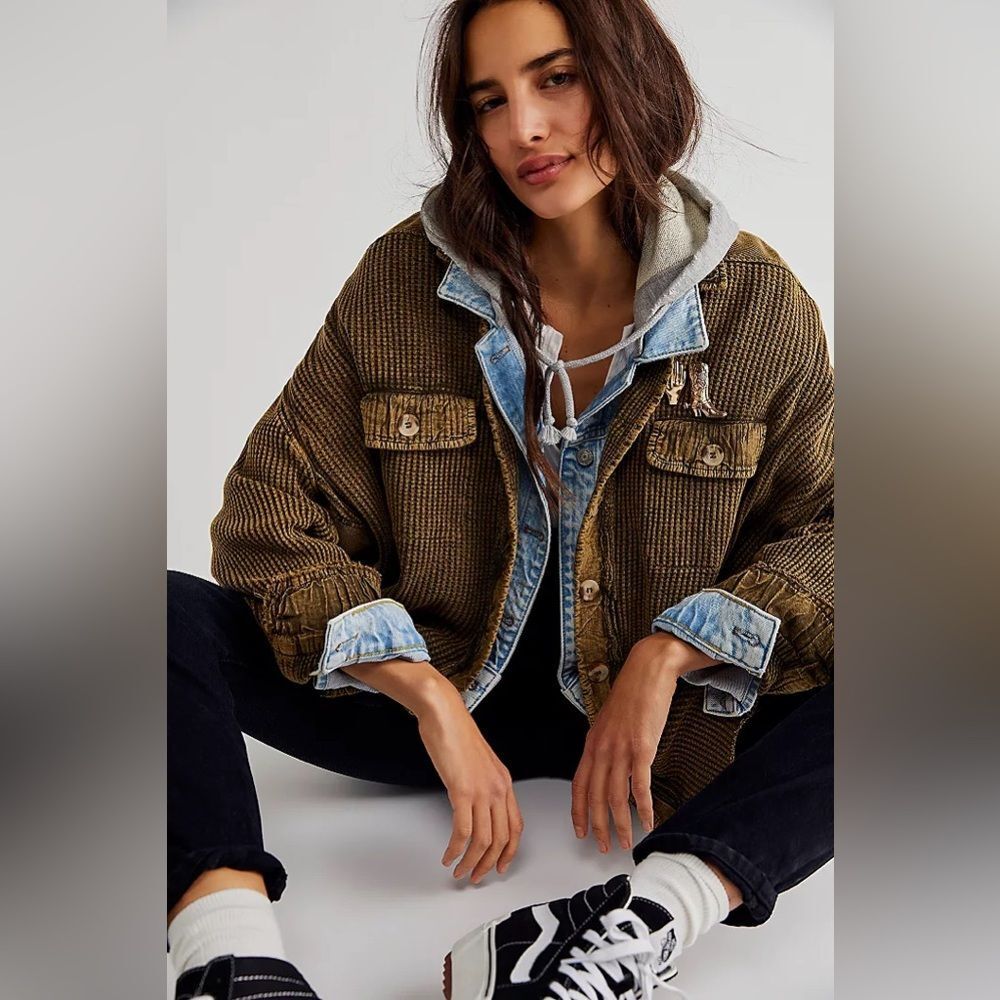 FP Free People Scout Jacket Waffle Knit Oversized Layering Shirt Green Small - Picture 4 of 16